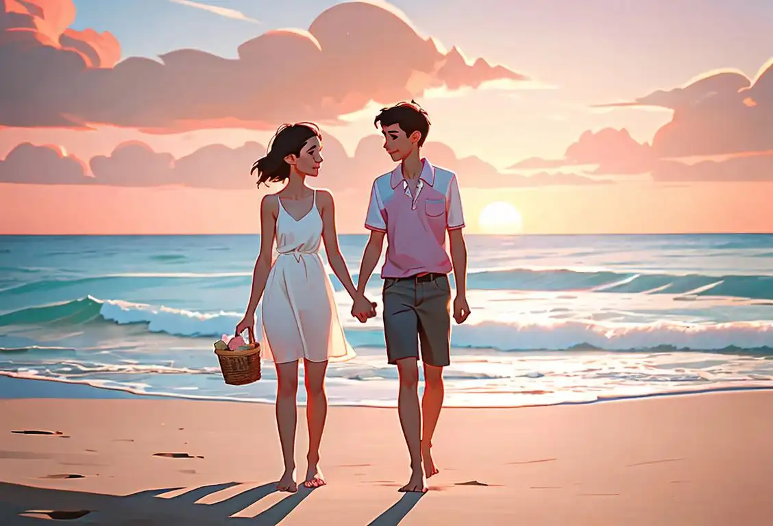 A young couple holding hands, walking by the beach at sunset, dressed in casual summer outfits, with a picnic basket nearby..