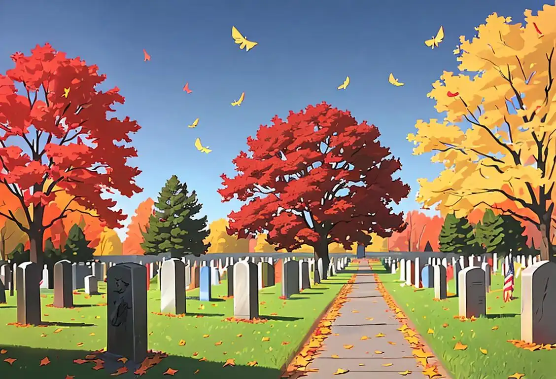 A veteran standing solemnly at a beautifully adorned grave, American flag fluttering in the breeze, autumn leaves scattered on the ground..