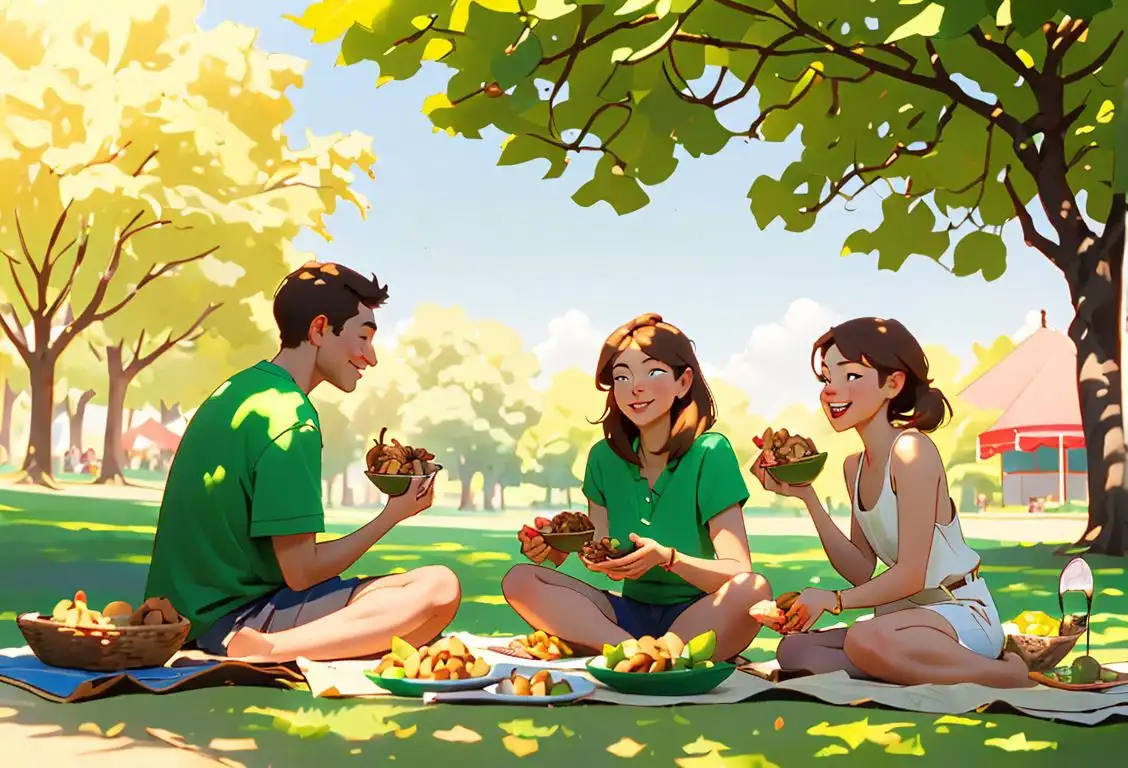 Happy nut enthusiasts holding bowls of mixed nuts, wearing summer clothes, enjoying a sunny picnic in a lush green park..