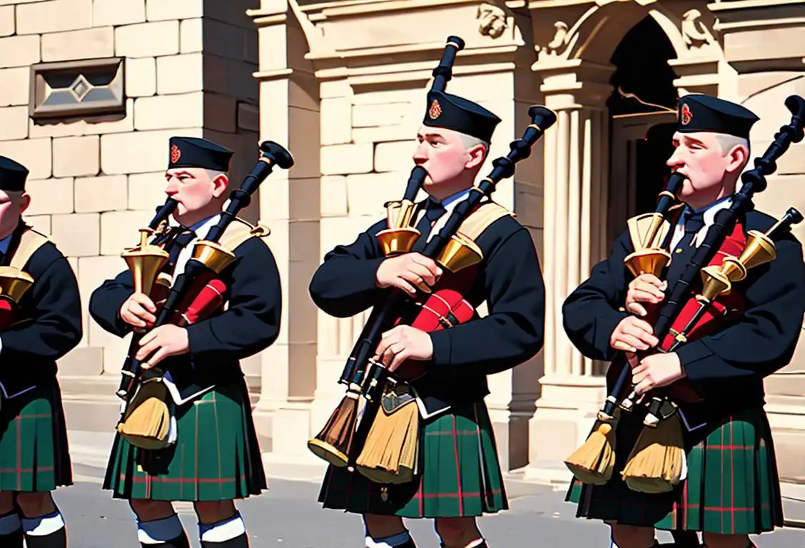 A group of bagpipers wearing traditional Scottish kilts, playing their instruments in front of a picturesque Scottish castle..