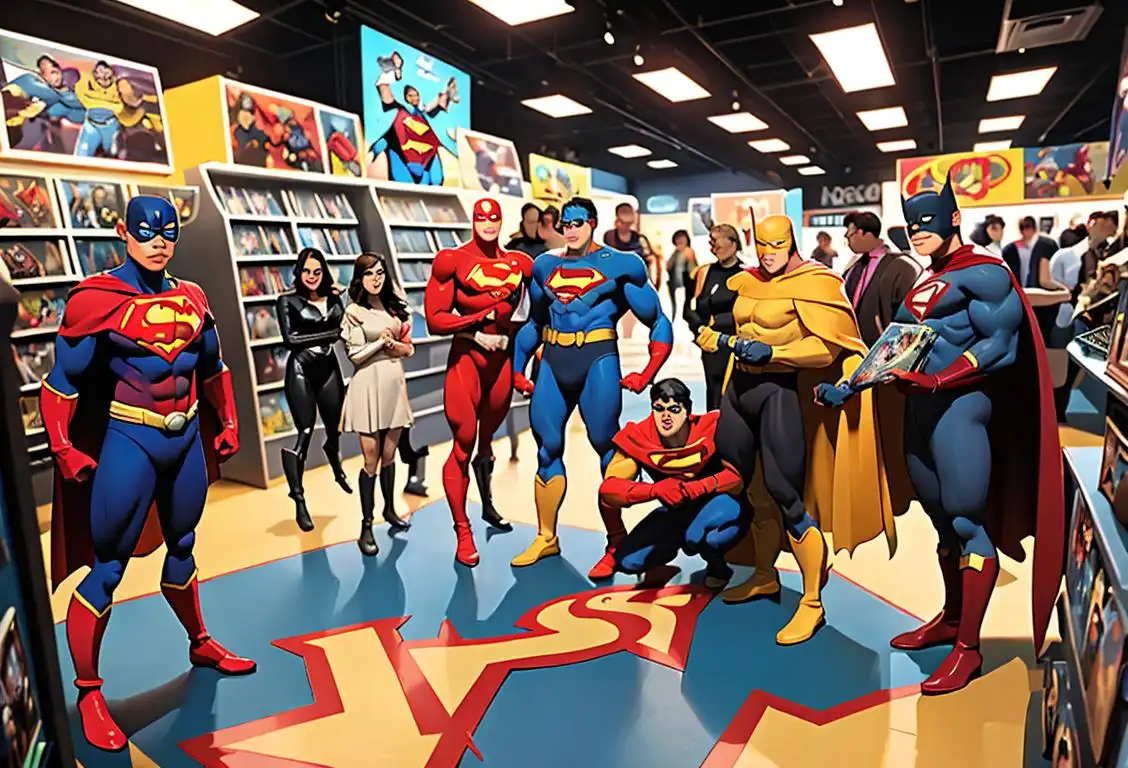 A group of diverse individuals in superhero costumes surrounded by comic books and gadgets, showcasing their unique geeky interests..