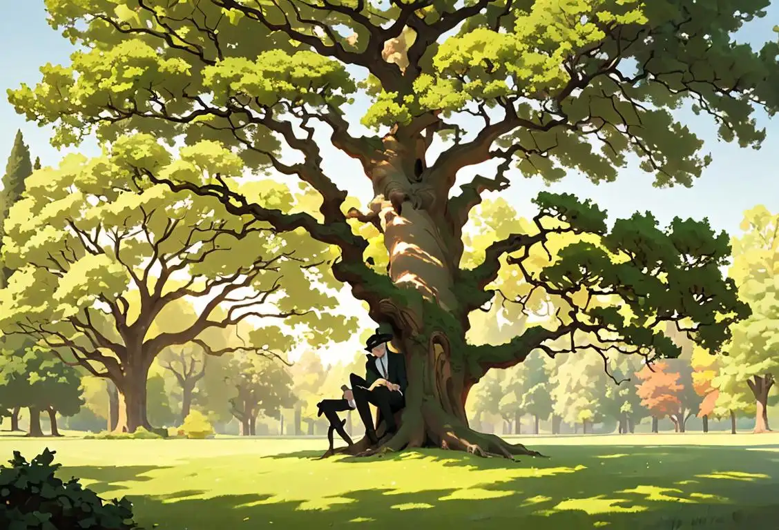 Young man wearing a tree-shaped hat, hugging a majestic oak tree, surrounded by a peaceful forest scene..