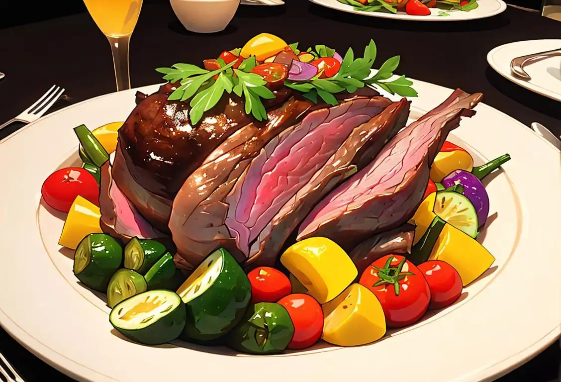 A person proudly displaying a beautifully roasted leg of lamb, surrounded by colorful vegetables, in an elegant dining setting..