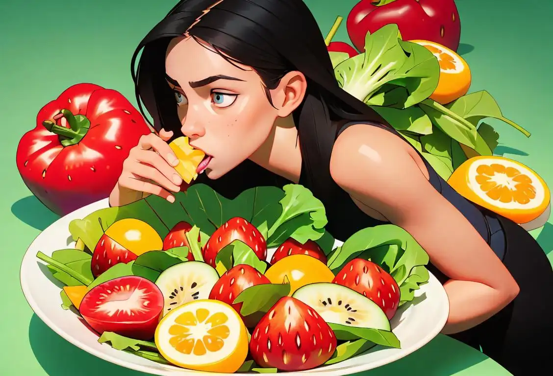 Young woman taking a bite of a healthy salad, wearing a fitness outfit, surrounded by colorful fruits and vegetables..