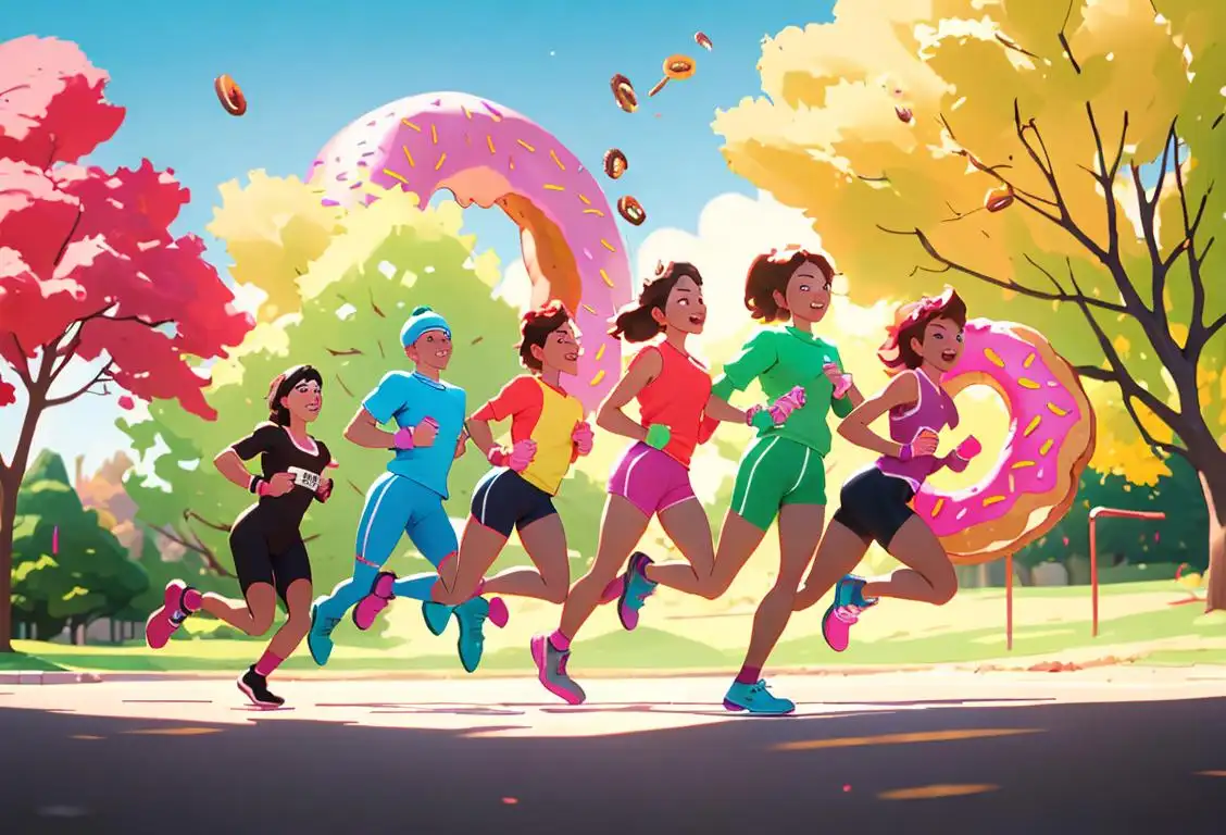 A group of joyful runners holding donuts, wearing bright colored running gear, in a lively park setting..