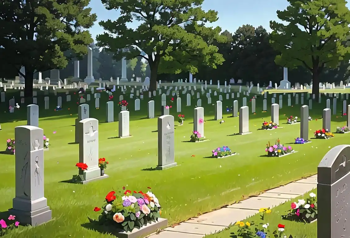 Group of people placing flowers on gravestones at a serene National cemetery, paying tribute to fallen heroes on Memorial Day..