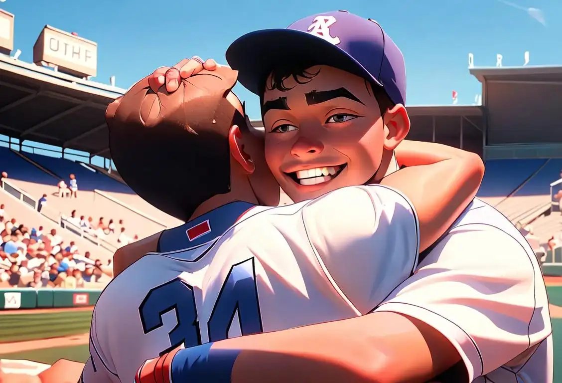 Young baseball player wearing a team jersey, receiving a warm hug from a smiling fan in a sunny stadium..