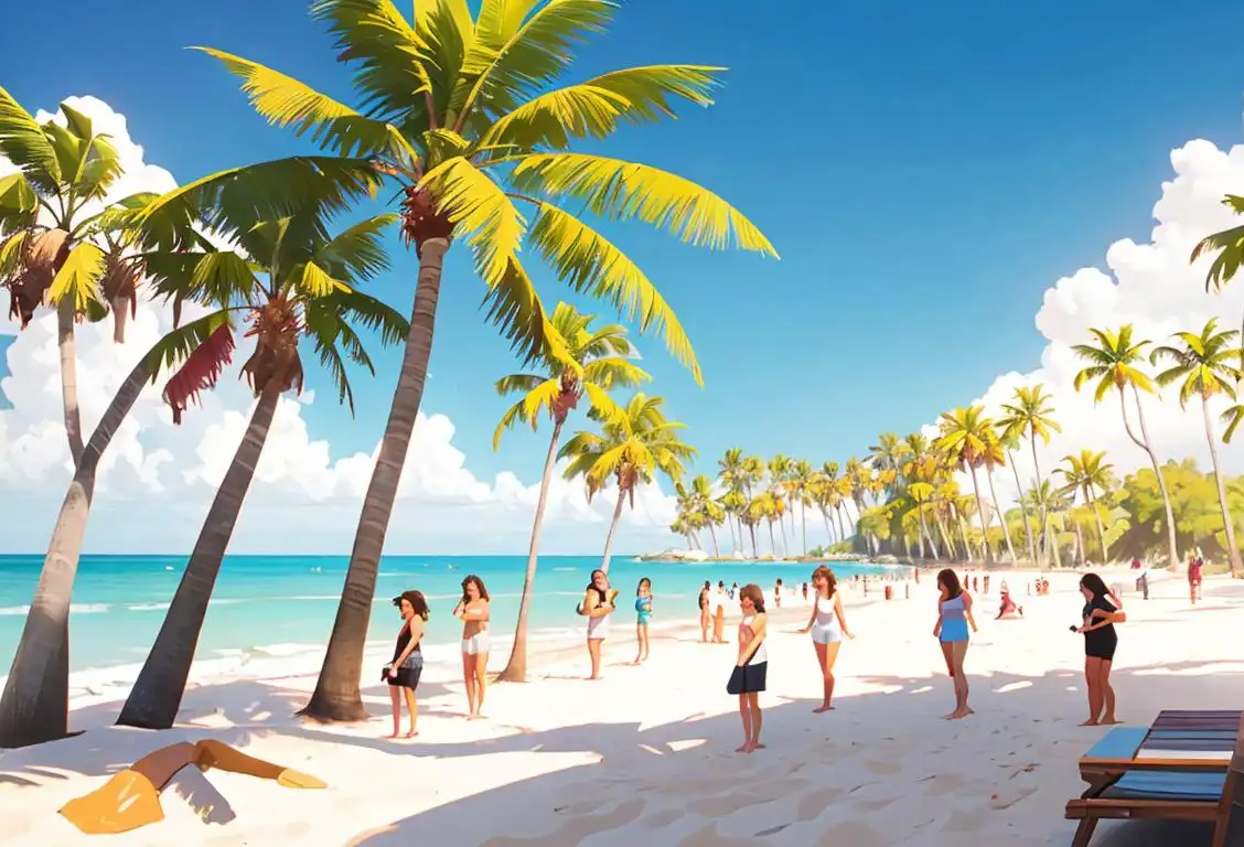 A group of people in beach attire, enjoying the sunny weather, with palm trees and a shoreline in the background..