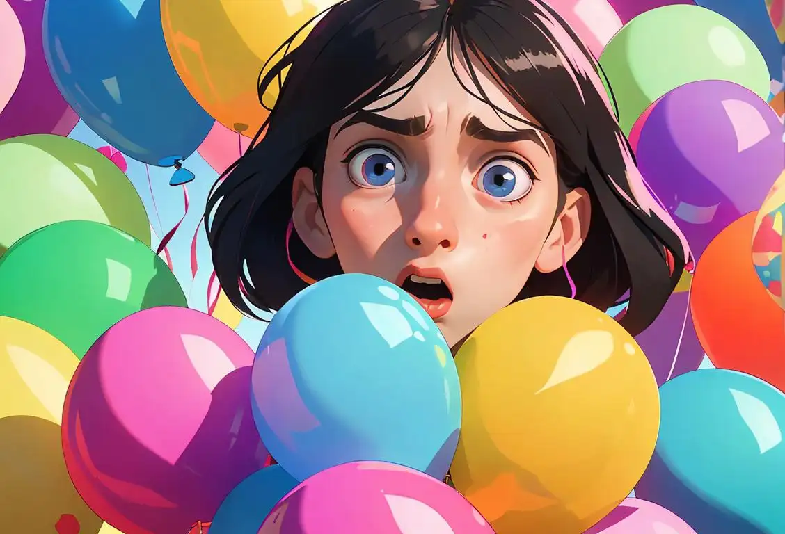 Young person wearing a perplexed expression, holding a brain-shaped balloon, surrounded by colorful confetti and party hats..