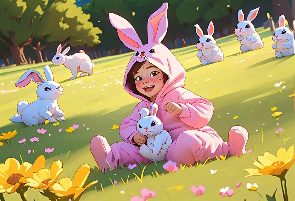 Cute child in a bunny costume giggling, playing in a colorful meadow with other children in animal costumes, springtime setting..