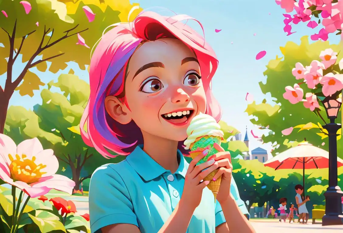 A cheerful child happily enjoying an ice cream cone in a sunny park, wearing a colorful outfit, surrounded by happy people and beautiful flowers..