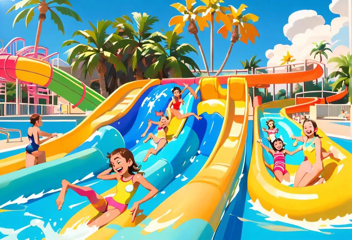 Group of joyful friends sliding down a massive water slide, wearing colorful bathing suits, surrounded by palm trees and sunny blue skies..