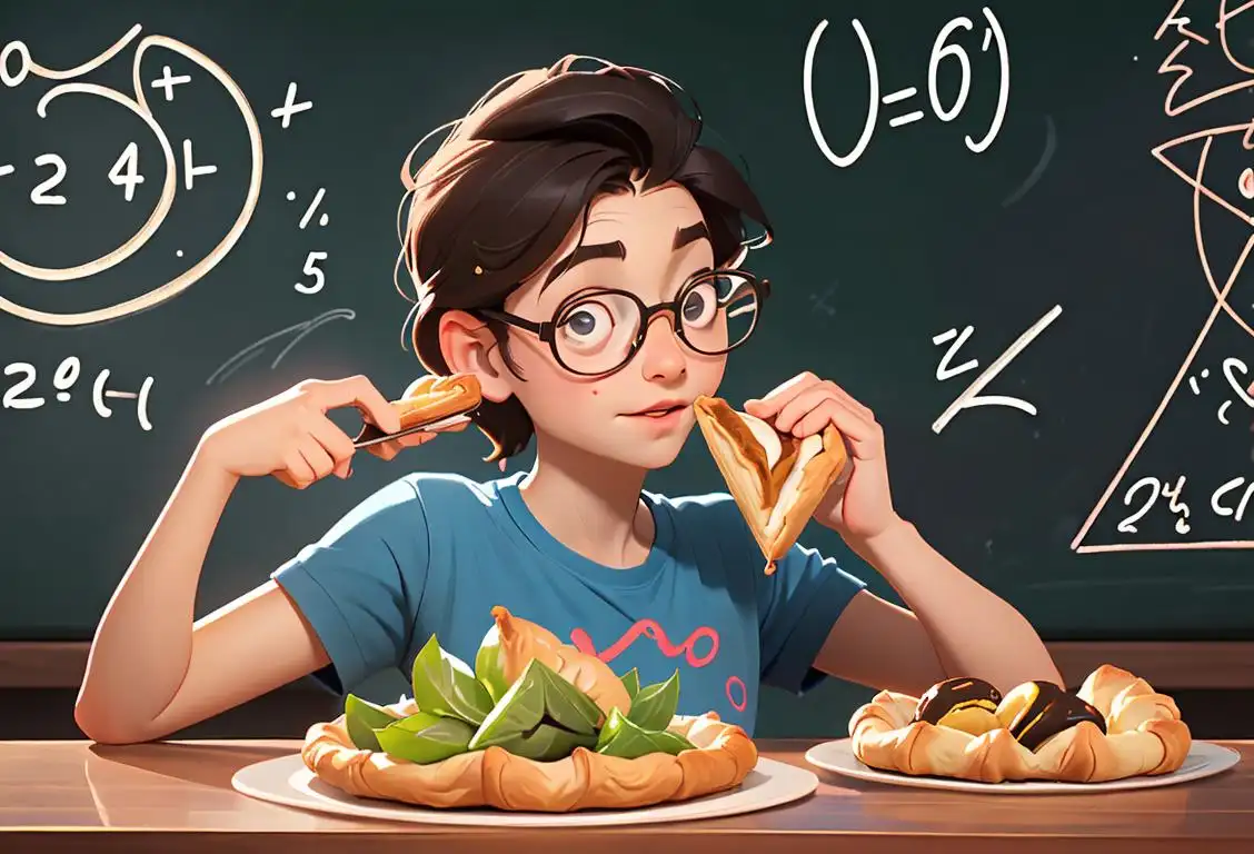 Delightful twist of math and pastries! Young person holding a pie, wearing a nerdy t-shirt, surrounded by math equations on a chalkboard..