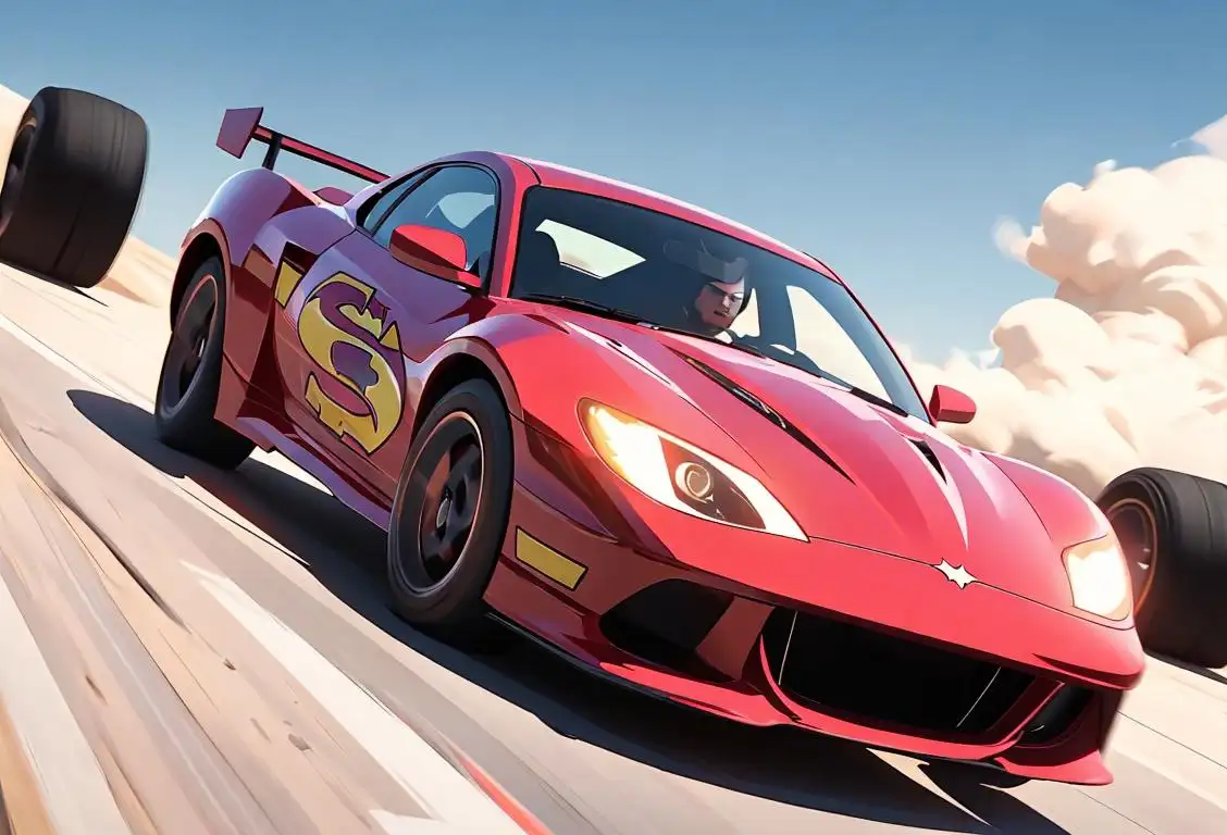 A daring stunt double in action, wearing a superhero costume, amidst a thrilling, high-speed car chase..