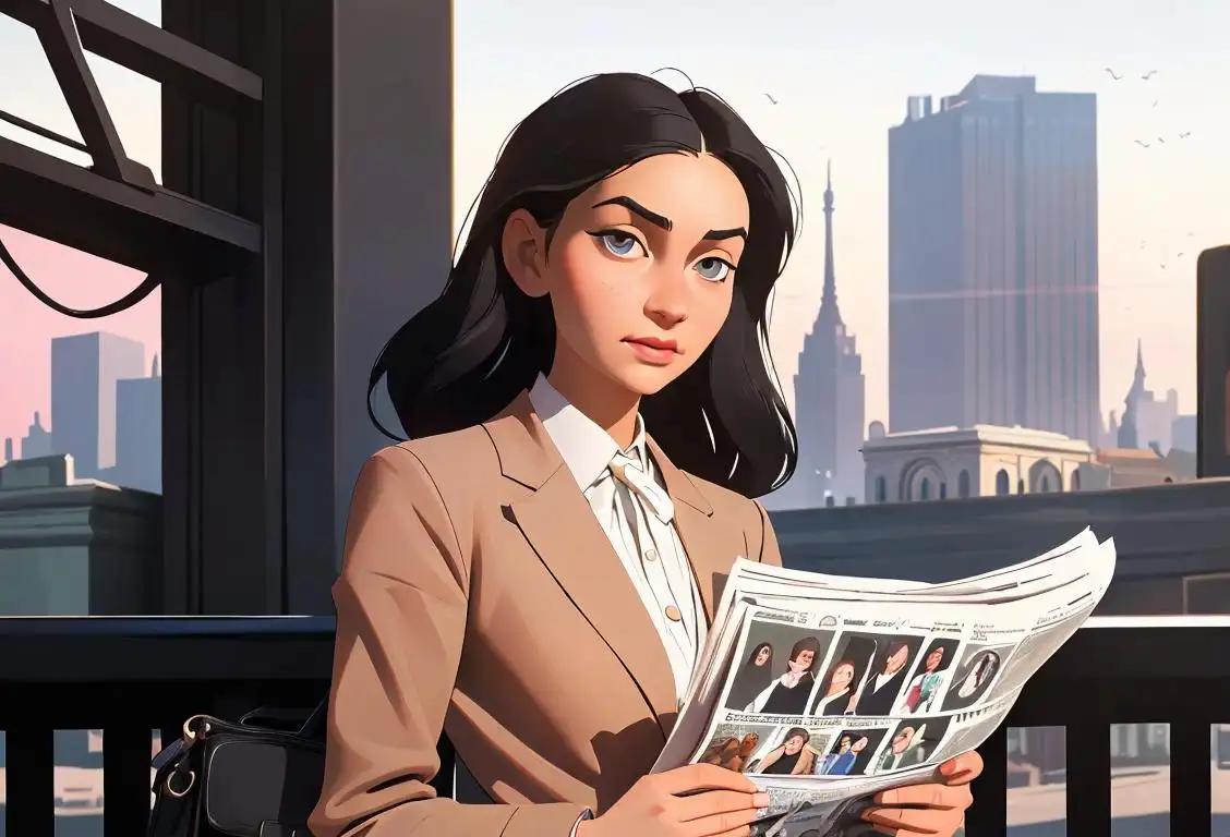 Young woman holding a newspaper, wearing a professional attire, in a bustling city setting with iconic landmarks in the background..