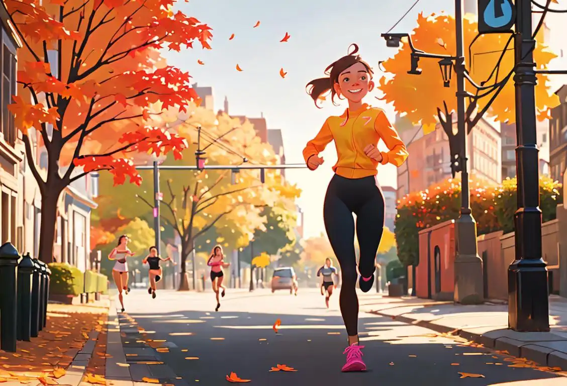 Young woman in running gear, smiling, with earbuds, city street scene with colorful autumn leaves..