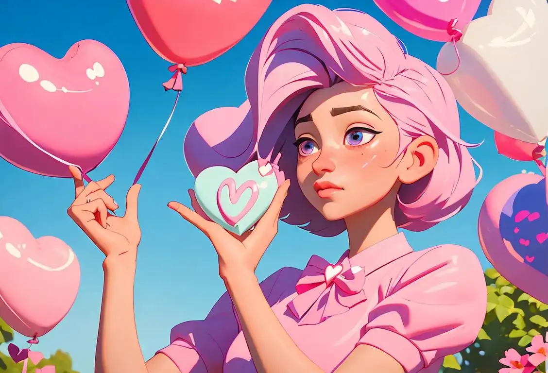 A blushing person holding a heart-shaped balloon, wearing a pastel-colored outfit, in a park surrounded by blooming flowers..