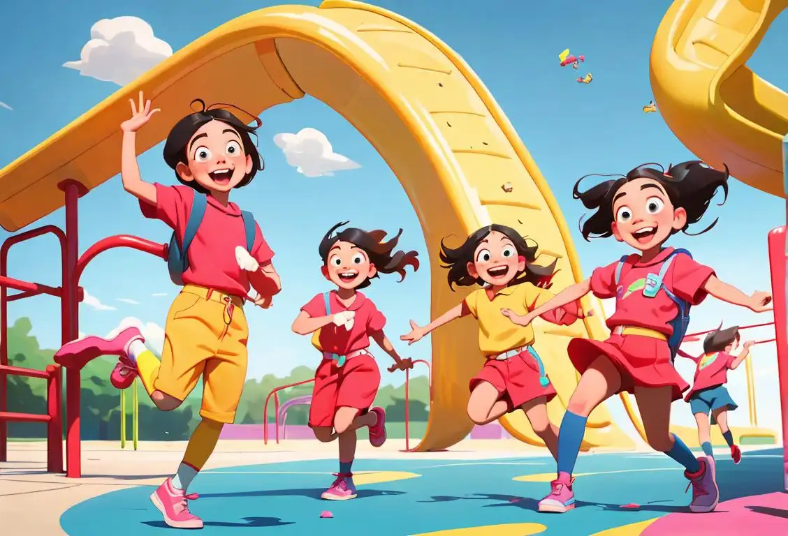 A group of cheerful children throwing their backpacks in the air, wearing colorful outfits, playground setting..