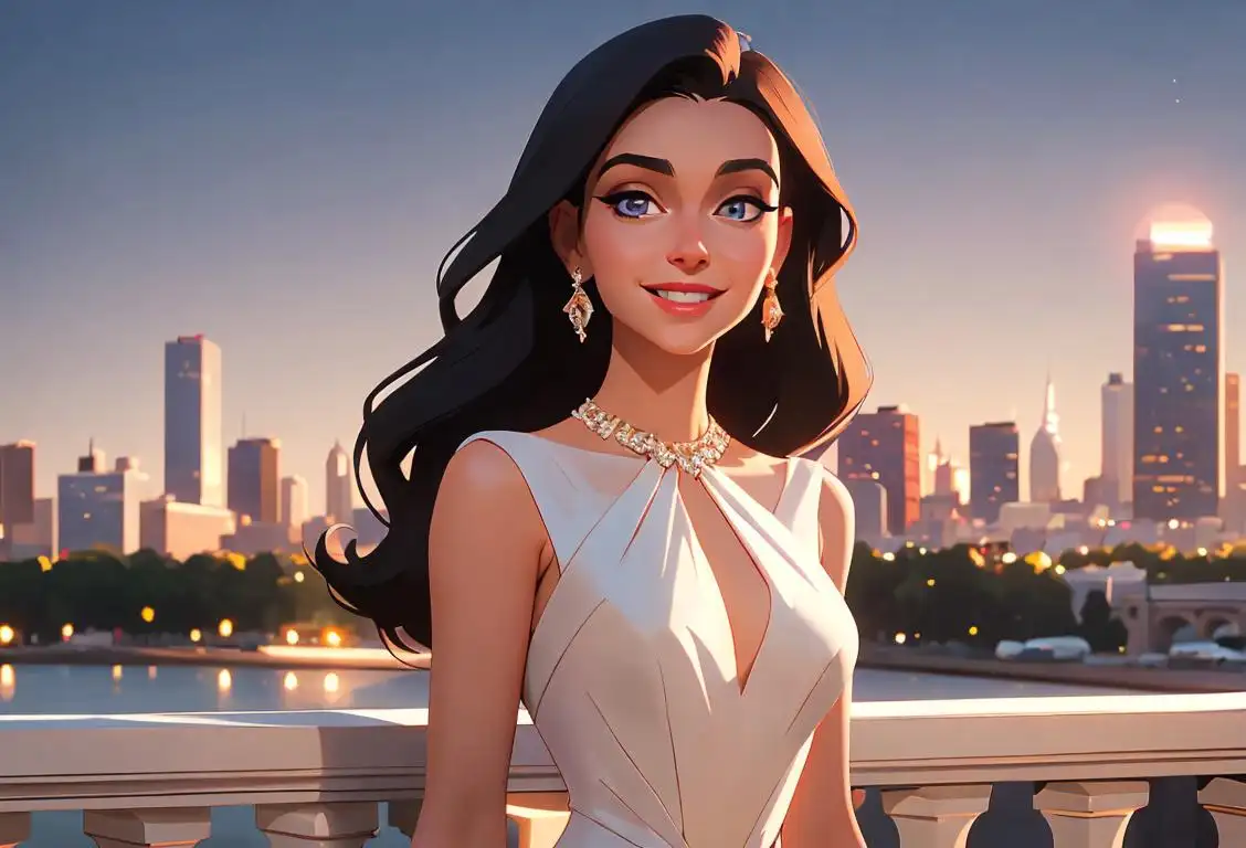 Young woman wearing elegant jewelry, dazzling smile, glamorous evening gown, city skyline in the background..