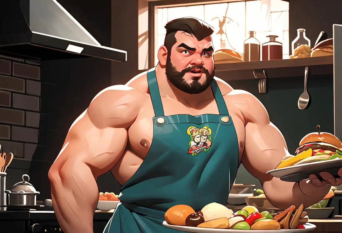 A burly wrestler wearing an apron, holding a tray of delicious food, surrounded by a lively kitchen atmosphere..