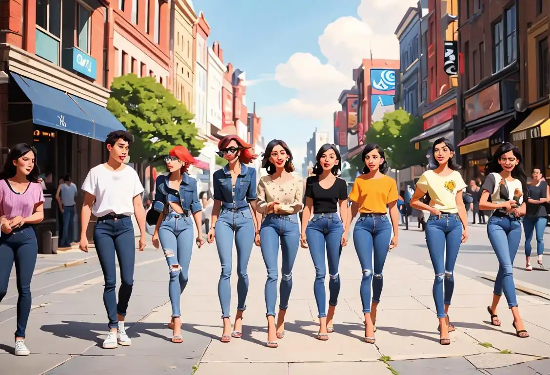 A diverse group of individuals happily wearing jeans, showcasing various denim styles and enjoying outdoor activities in a vibrant city setting..