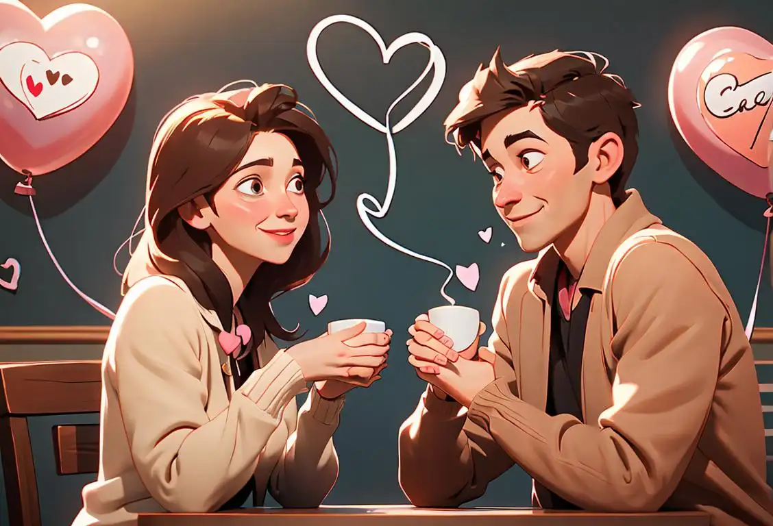 Happy couple in a cozy coffee shop, holding hands, with a backdrop of heart-shaped balloons and cute love notes on the wall..