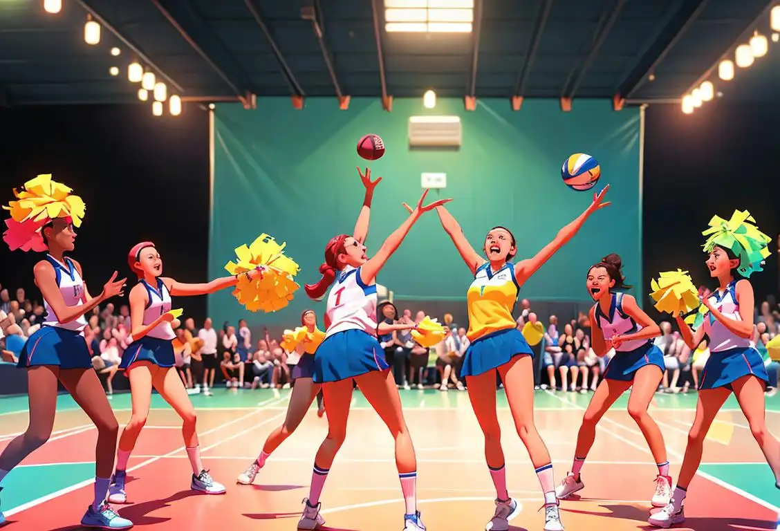 A group of enthusiastic netball players wearing colorful uniforms, showcasing their skills and determination on the court, surrounded by cheering crowds..