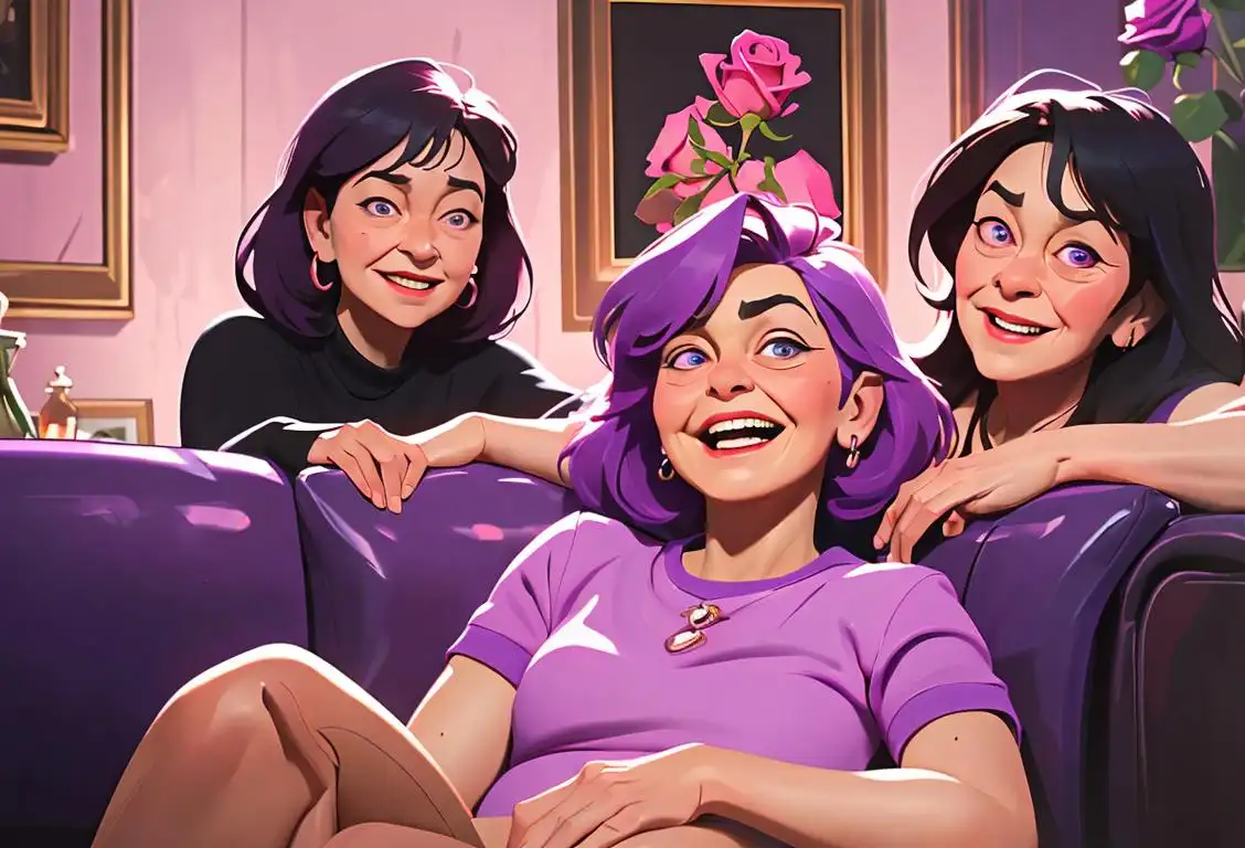 A group of friends sitting on a couch, laughing together, with a hint of pinkish-purple in the background. One person is holding a rose..