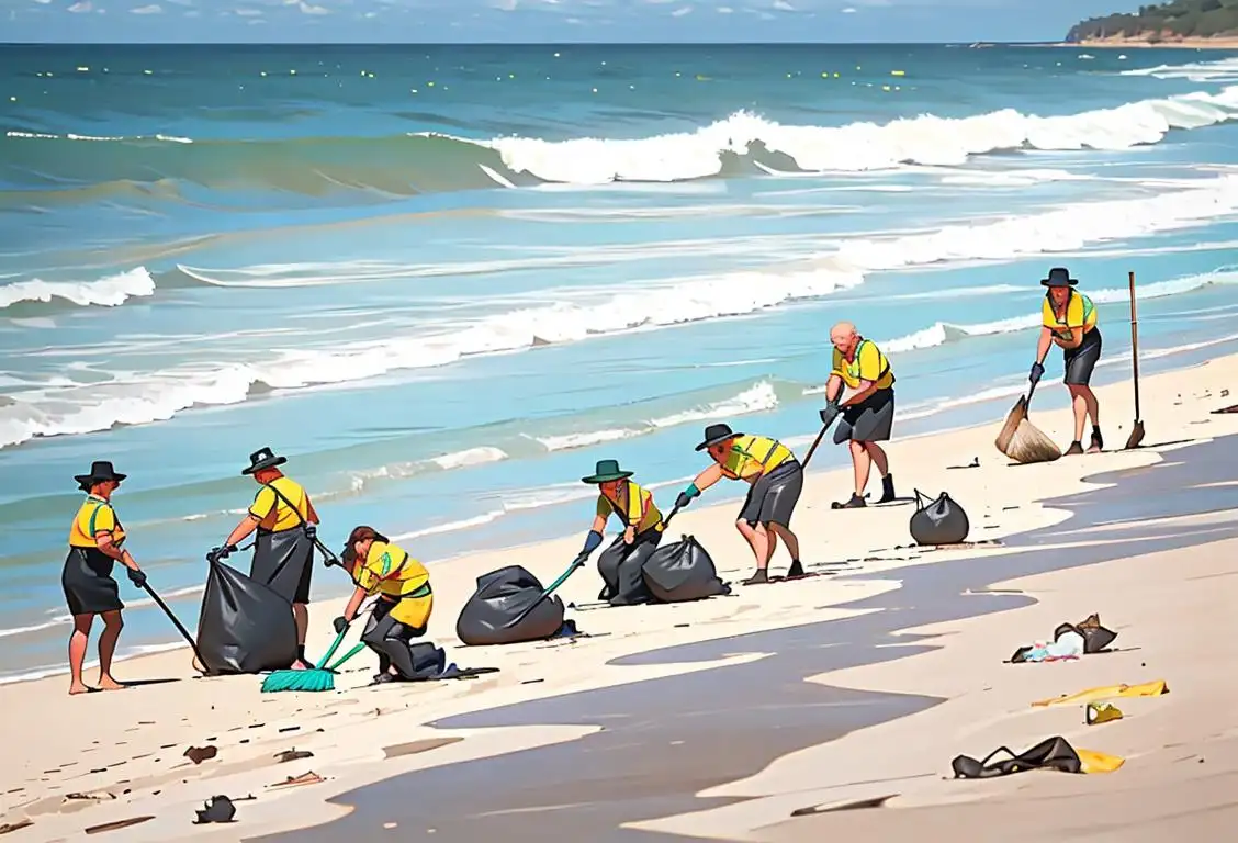 A diverse group of people, wearing gloves and carrying garbage bags, cleaning an Australian beach with great enthusiasm, set against a beautiful coastal scene..