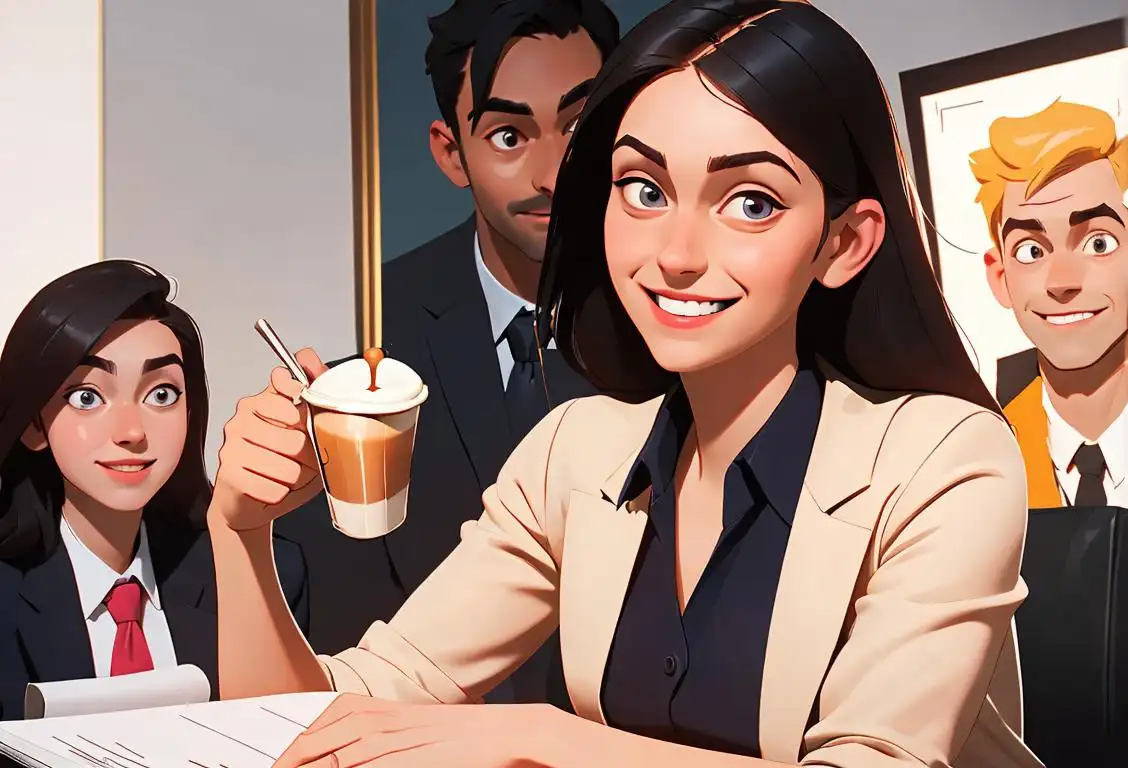 Smiling young intern, wearing smart casual attire, holding a cup of coffee, office setting with colleagues working in the background..