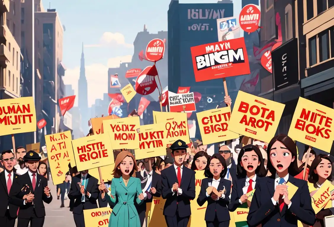 Young people holding campaign signs with catchy slogans, wearing suits and dresses, bustling city street backdrop..