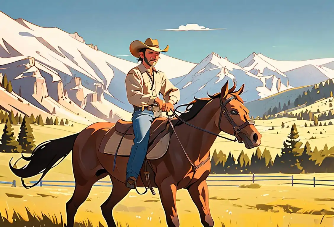 A cowboy riding a horse through Wyoming's breathtaking landscapes, wearing a cowboy hat and traditional western attire..