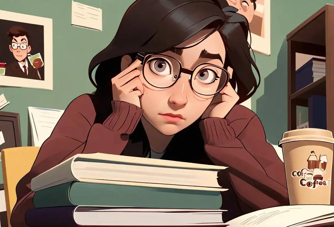 College student studying, looking overwhelmed, wearing glasses and a cozy sweater, surrounded by textbooks and coffee cups..