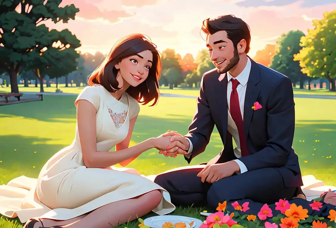 A couple sitting on a picnic blanket in a park, holding hands and smiling at each other. The woman is wearing a flowing summer dress and the man is wearing a crisp suit. The scene is adorned with flowers and a romantic sunset..