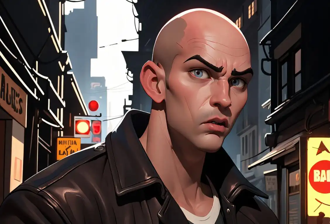 Young man with a bald head, wearing a leather jacket, rebellious attitude, urban street setting..