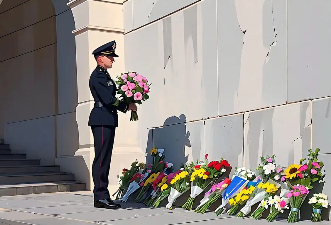 Peace officer in uniform, holding a bouquet of flowers, standing in front of a memorial wall with names of fallen officers..