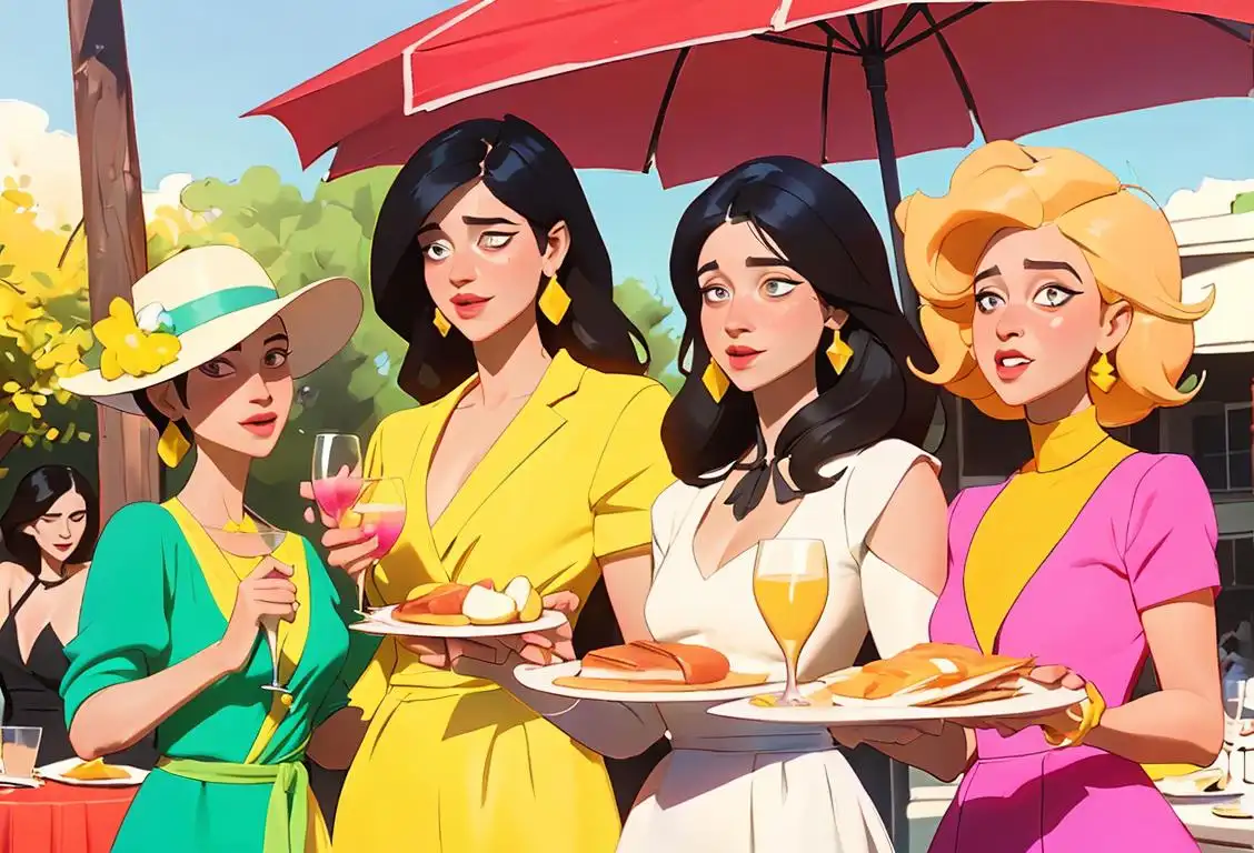 A group of friends raising their mimosa flutes, wearing colorful brunch outfits, in a sunny outdoor setting..