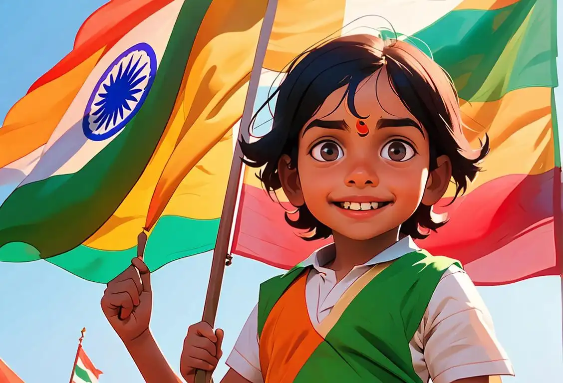 Young child holding the Indian flag with a smile, wearing traditional Indian clothes, colorful cultural setting..
