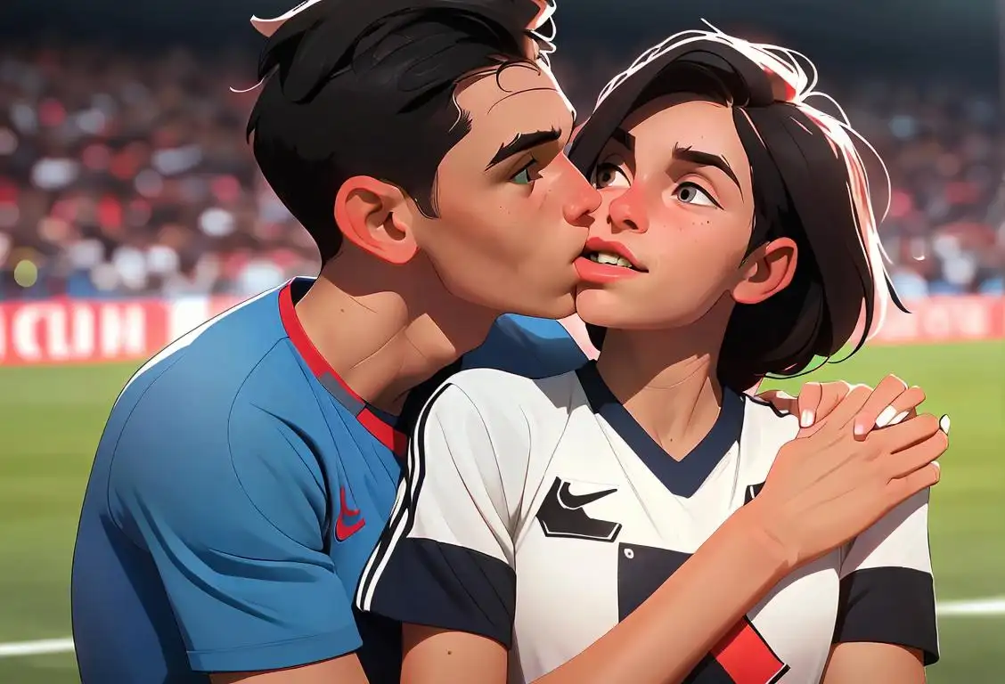 Young soccer player kissing their loved one amidst a vibrant stadium, wearing soccer jersey, with a cheering crowd in the background..