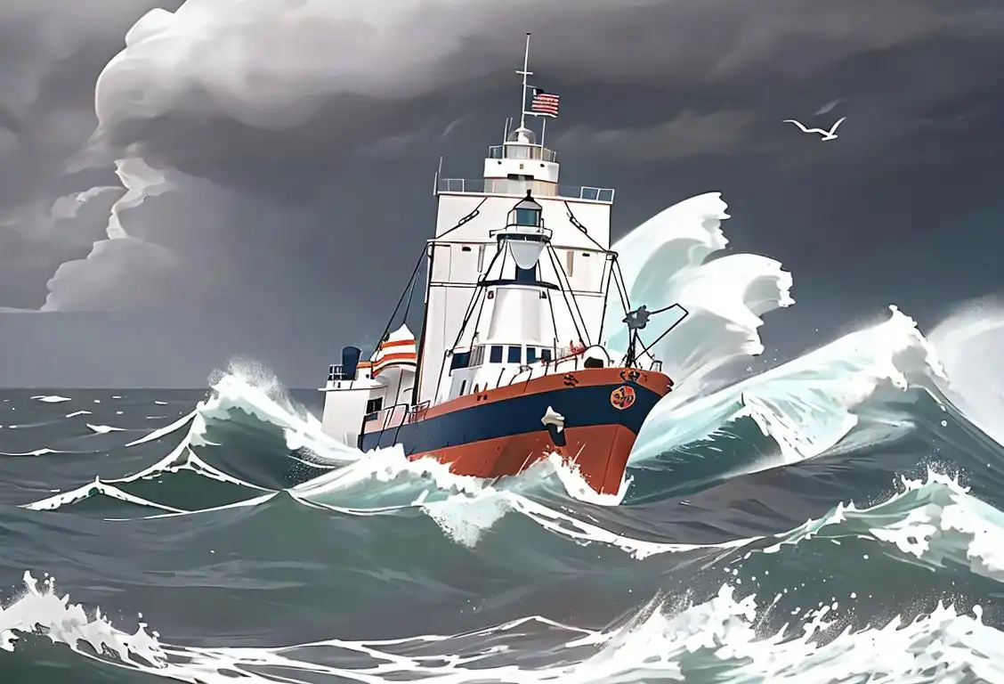 A brave Coast Guard officer in uniform, confidently steering a ship through stormy seas, with crashing waves and a lighthouse in the background..