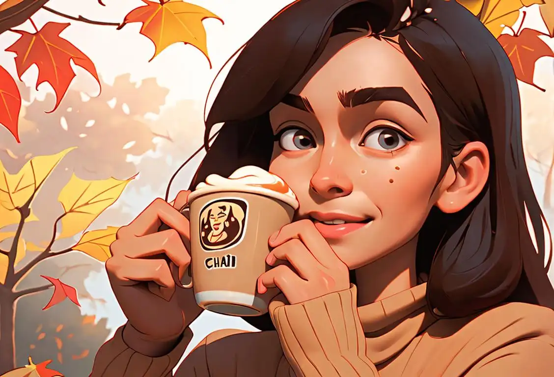 Joyful person holding a chai latte in their hands, cozy sweater, autumn leaves in the background..