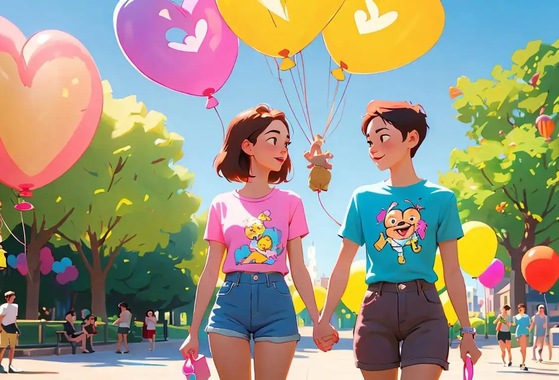 Two friends, holding hands, walking through a sunny park, wearing matching t-shirts and shorts, surrounded by colorful balloons..