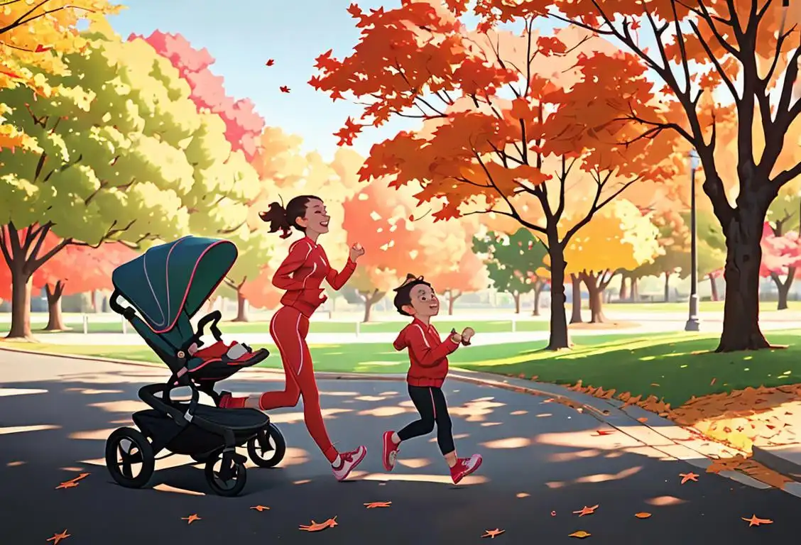 Happy parents running with strollers, wearing athletic outfits, scenic park setting with autumn leaves..