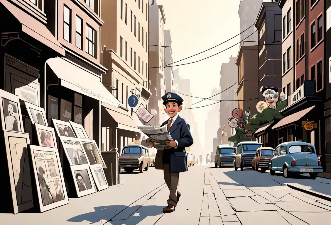 A smiling newspaper delivery person wearing a classic newsboy cap, with stacks of newspapers in a bustling city street scene, evoking nostalgia and history..