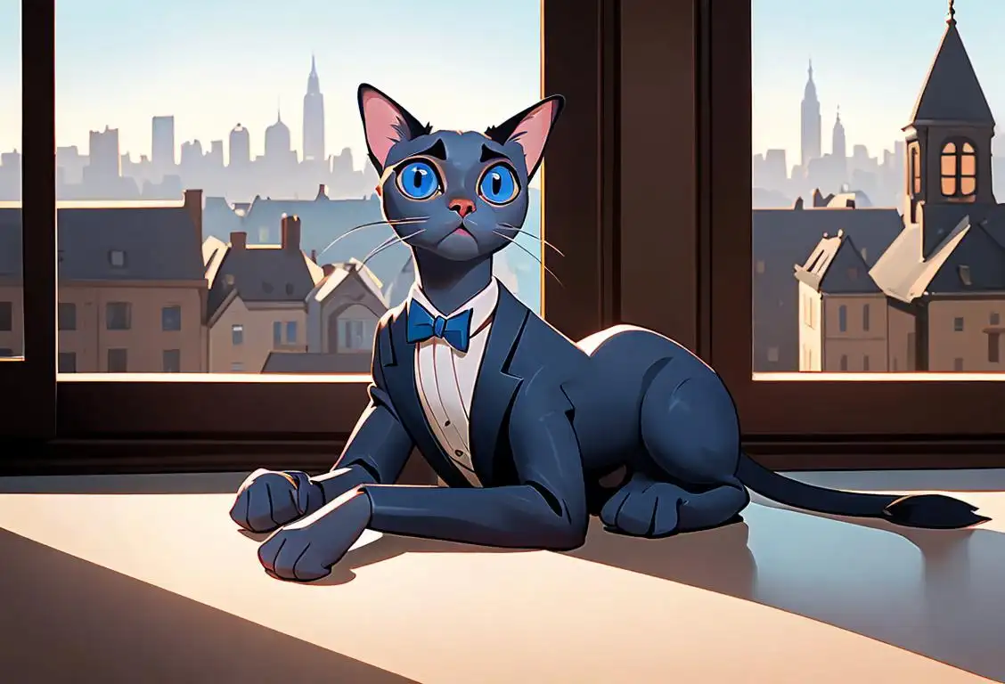 A graceful Siamese cat with striking blue eyes, elegant coat patterns, wearing a bow tie, sitting by a window overlooking a city skyline..