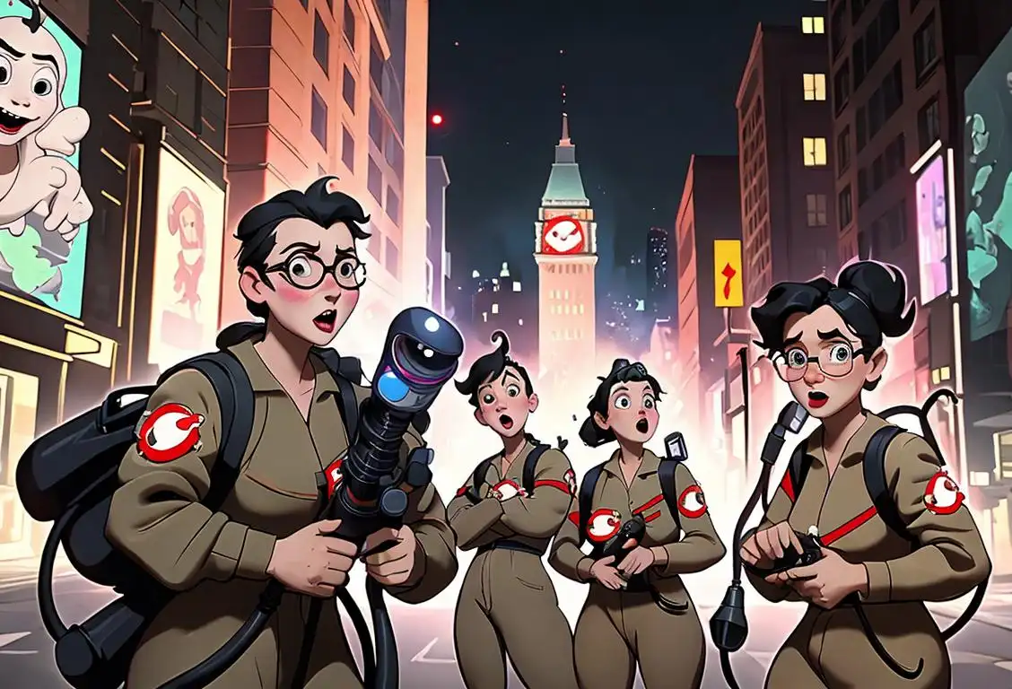 Group of people dressed as Ghostbusters, holding proton packs, in a city street with iconic landmarks in the background..