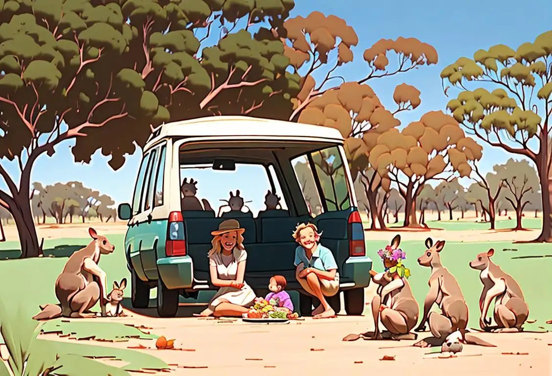 Smiling family having a picnic in the Australian outback, dressed in casual summer clothes, surrounded by kangaroos and koalas..