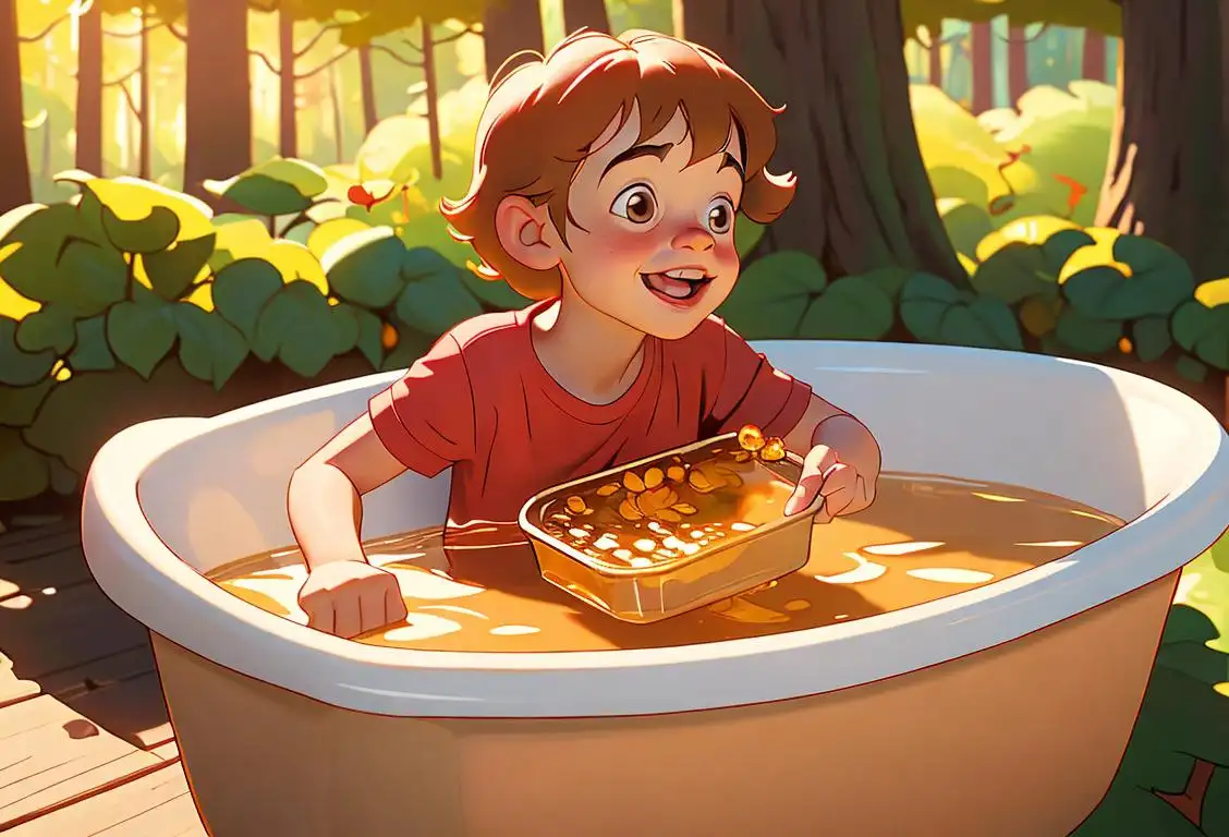 A joyful child with a red shirt, eagerly diving into a tub of honey in a whimsical forest setting.