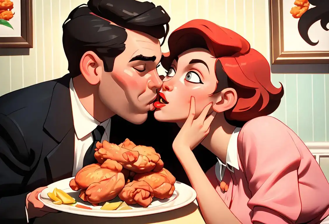 Cheerful couple sharing a passionate kiss over a plate of crispy fried chicken, dressed in retro 1950s attire, at a vibrant diner..