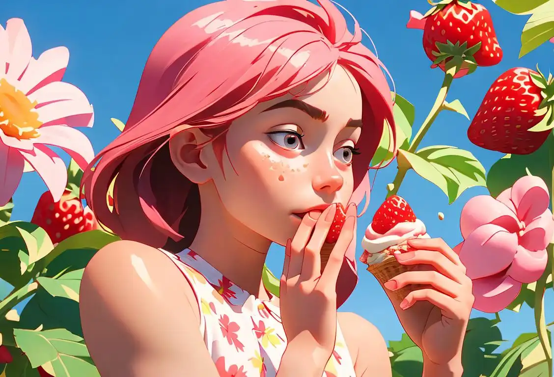 Young girl happily eating a strawberry ice cream in a sunny park, wearing a floral dress, surrounded by blooming flowers..